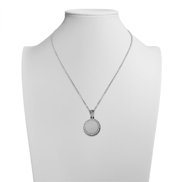 Stainless Steel Engravable Round Pendant Necklace with CZ