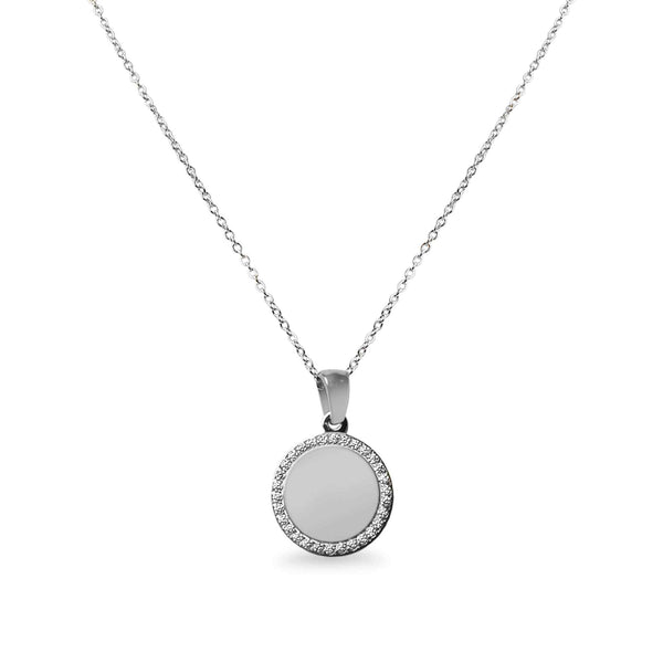 Stainless Steel Engravable Round Pendant Necklace with CZ