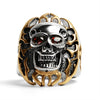 Stainless Steel Red CZ Eyed Flaming Skull With 18K Gold PVD Coated Accents Ring / SCR0250