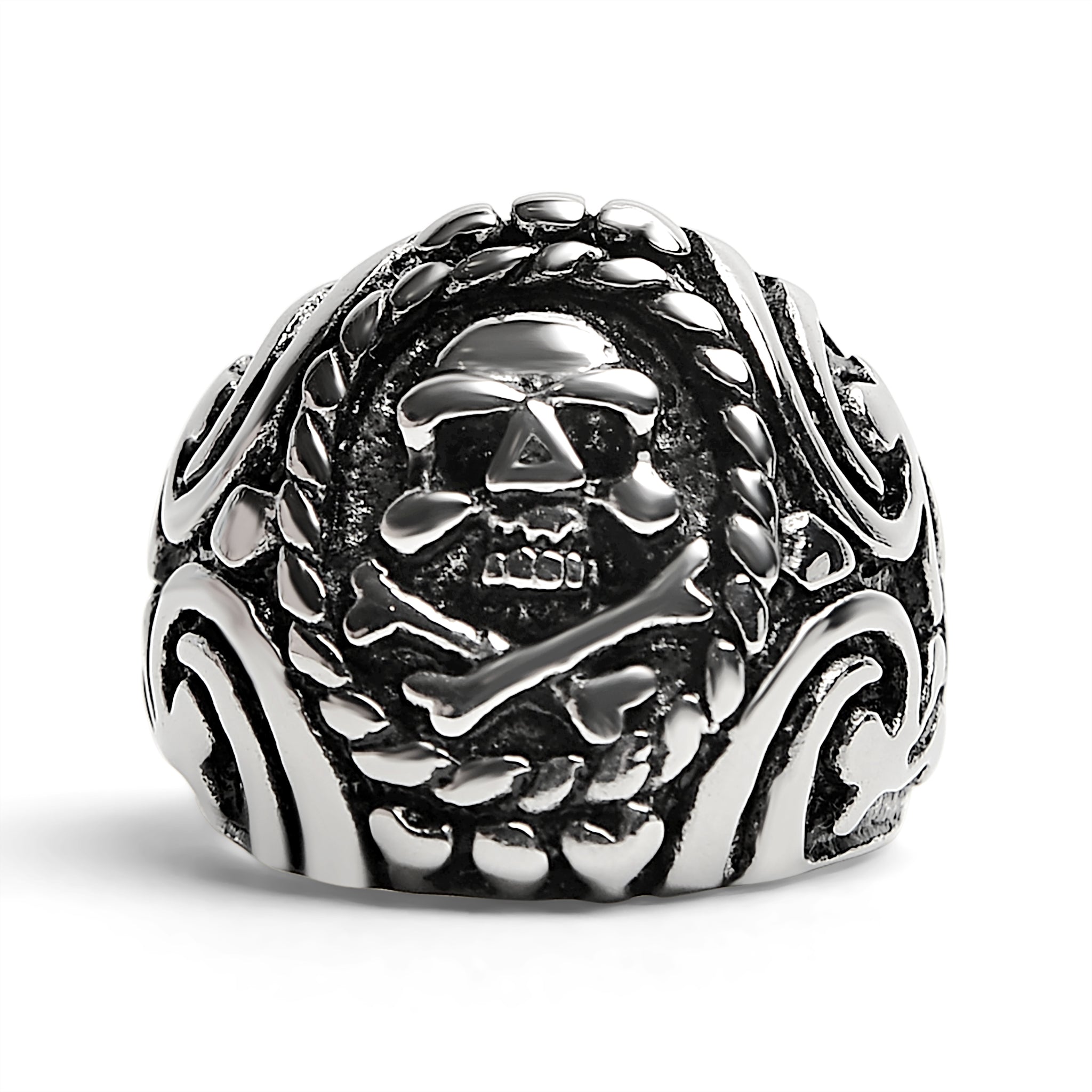 Polished Skull And Crossbones With Ocean Pattern Stainless Steel Ring / SCR1001