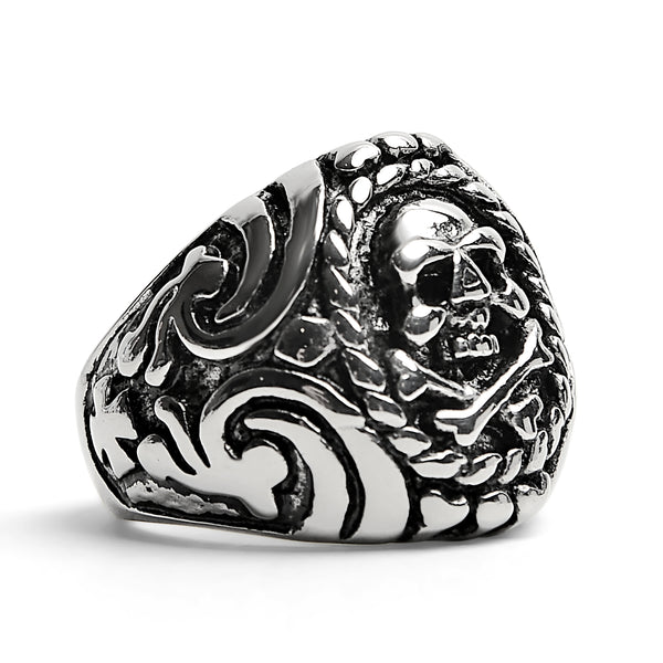 Polished Skull And Crossbones With Ocean Pattern Stainless Steel Ring / SCR1001