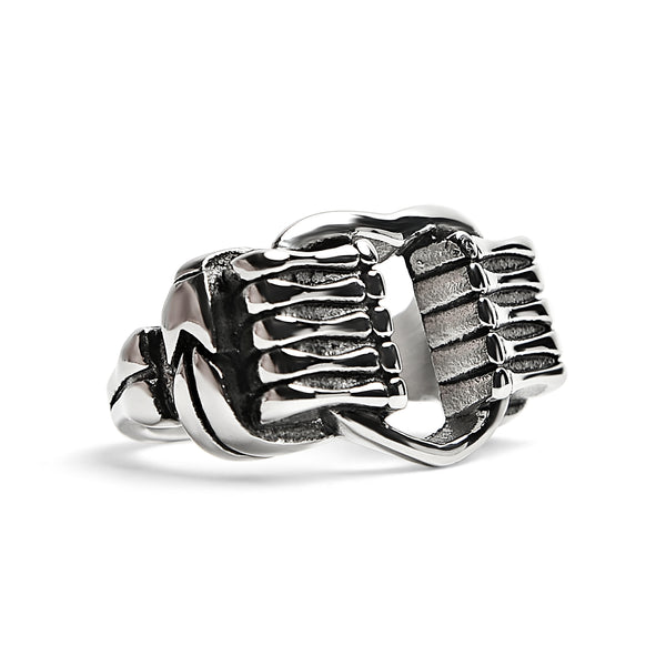 Stainless Steel Polished Heart Gripped By Bone Hands Ring / SCR1002