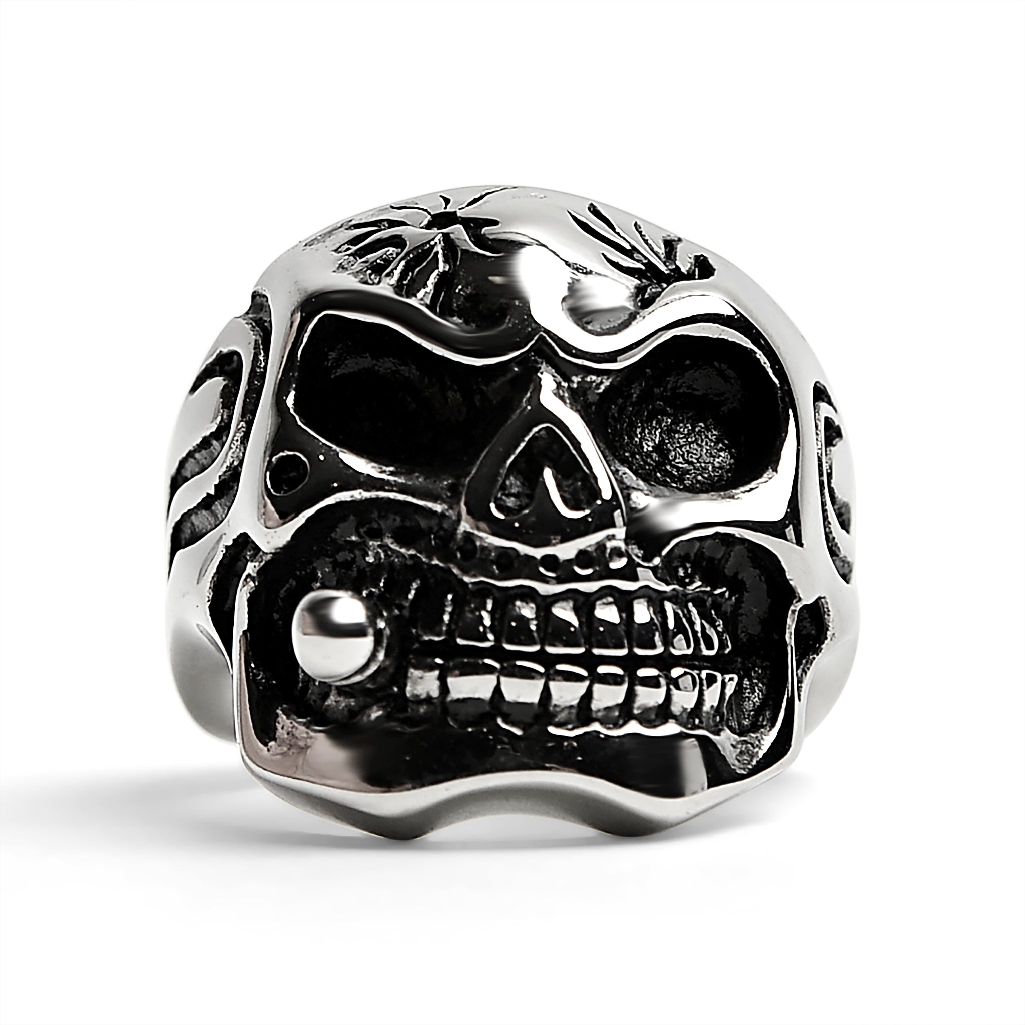 Stainless Steel Polished Skull With Cigar Ring / SCR2003