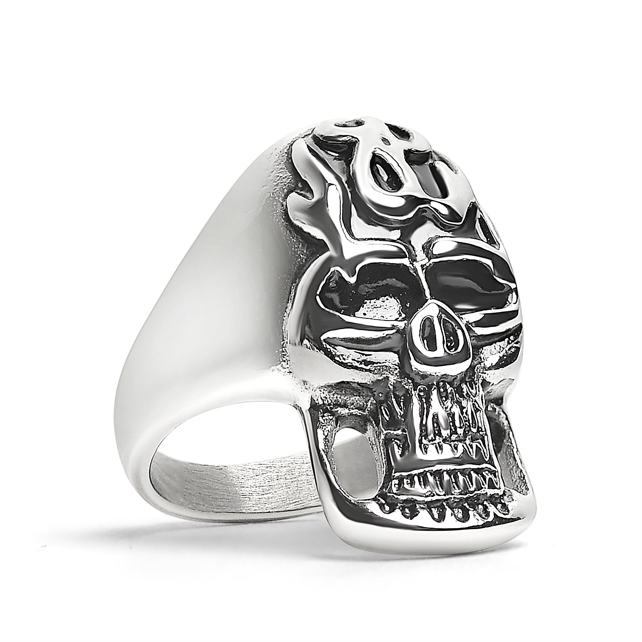 Stainless Steel Polished Flaming Skull Ring / SCR2016