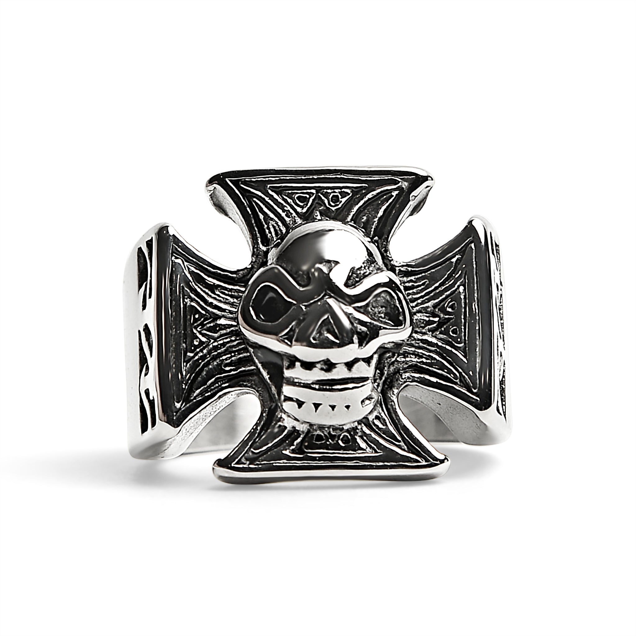 Stainless Steel Polished Skull Maltese Cross Ring / SCR2060