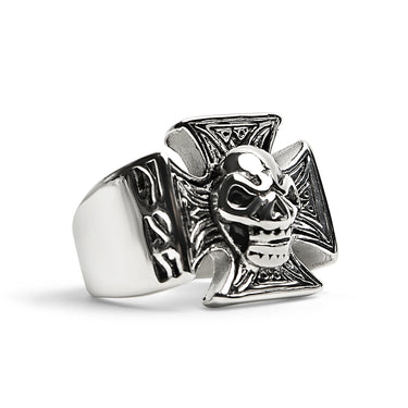 Stainless Steel Polished Skull Maltese Cross Ring / SCR2060