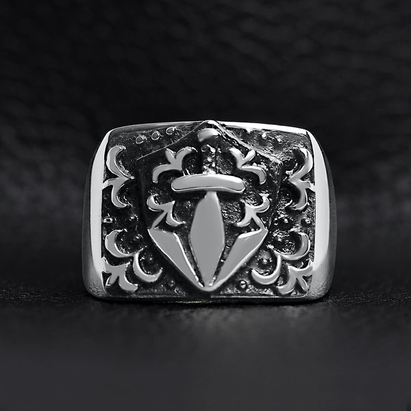 Stainless Steel Sword And Fleur De Lis Signet Ring / SCR2218