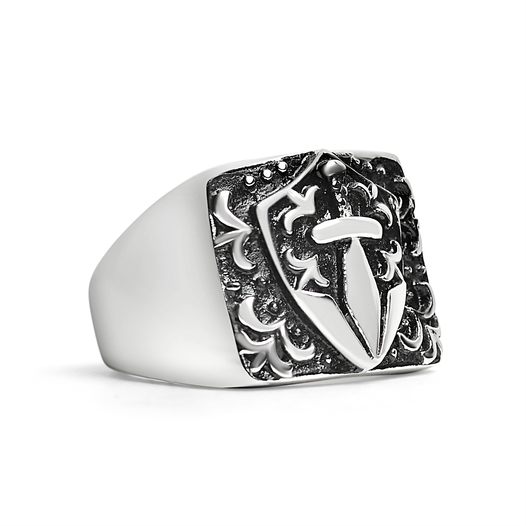 Stainless Steel Sword And Fleur De Lis Signet Ring / SCR2218