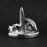 Stainless steel polished FTW middle finger ring back view on a black leather background.