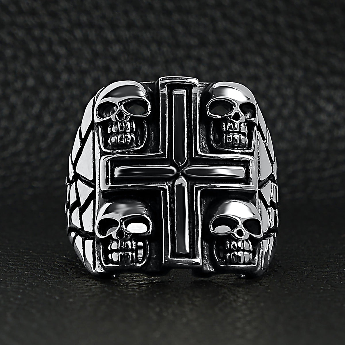 Detailed Multi Skull Cross Skull Stainless Steel Polished Ring 