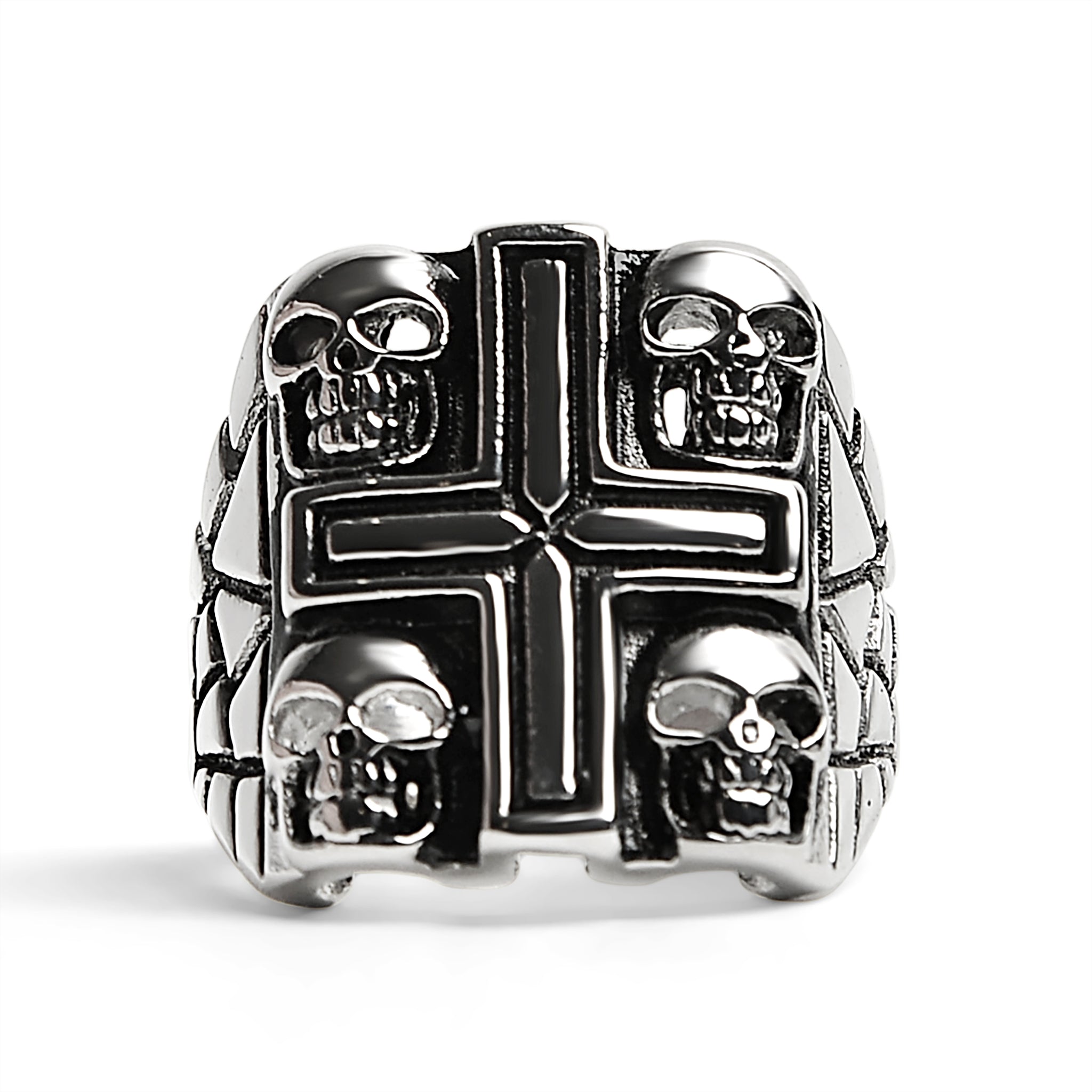 Stainless Steel Polished Multi Skull Cross Signet Ring / SCR3036