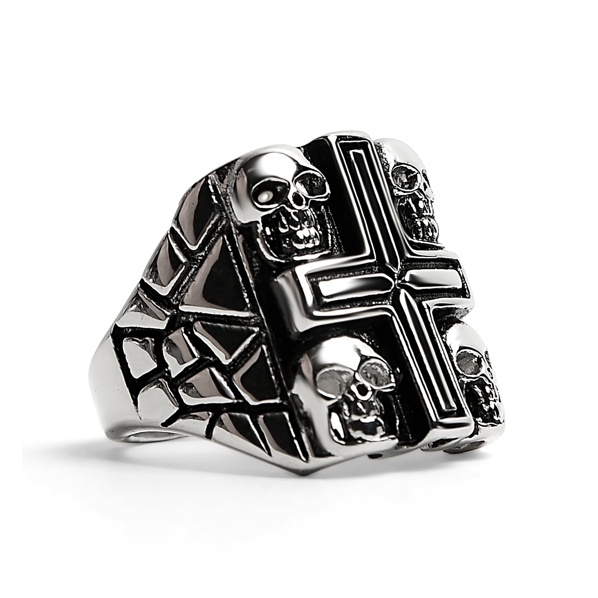 Stainless Steel Polished Multi Skull Cross Signet Ring / SCR3036