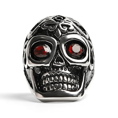 Detaillierter Schädel mit roten CZ -Augen Edelstahl polierter Ring/SCR3039