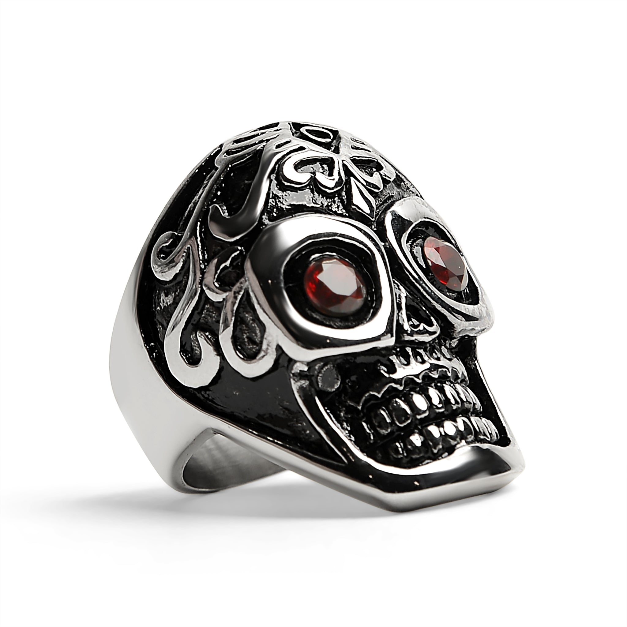 Detailed Skull with Red CZ Eyes Stainless Steel Polished Ring 