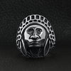 Stainless steel Native American Chief ring on a black leather background.