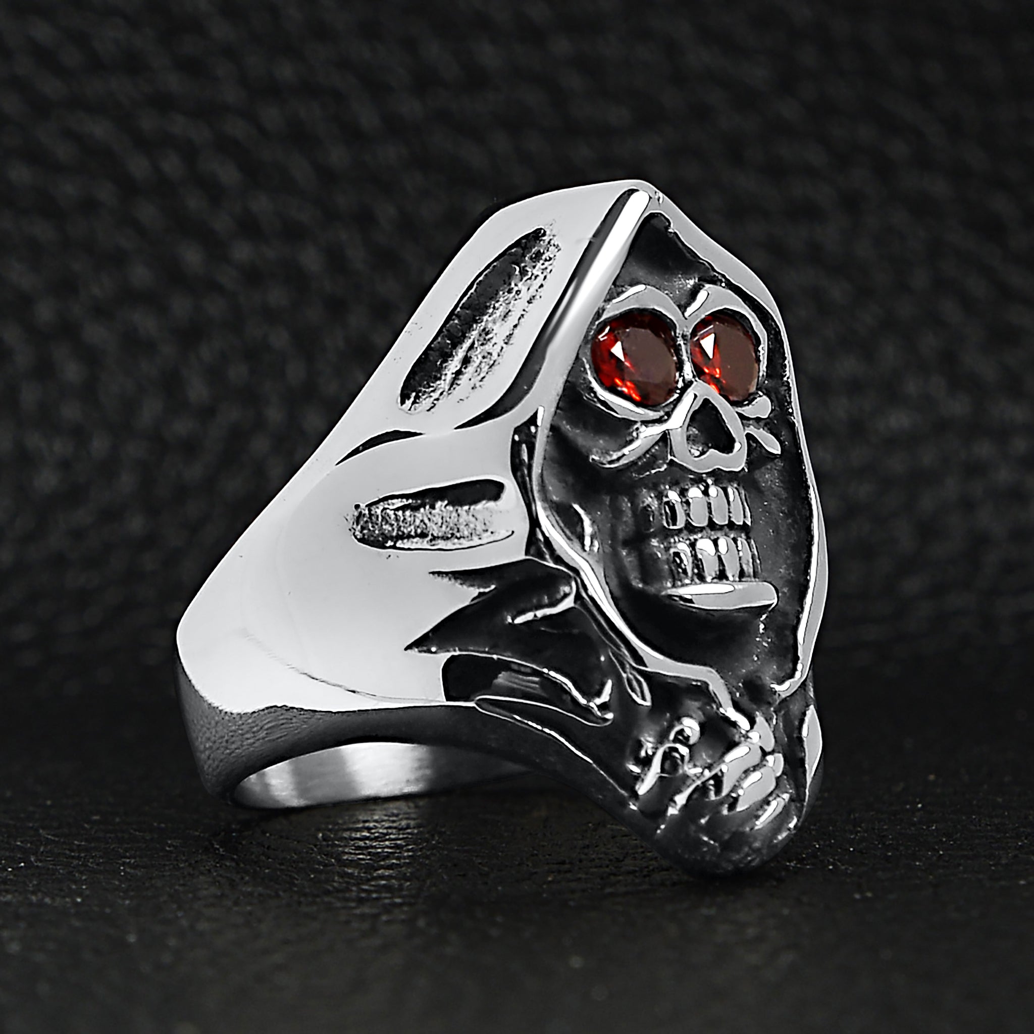 Red Cz Eyed Skull Reaper Stainless Steel Ring Scr3054