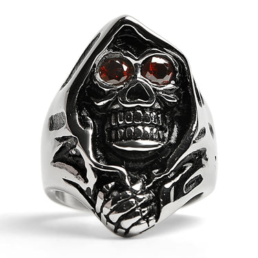 Stainless Steel Red CZ Eyed Grim Reaper Ring / SCR3054