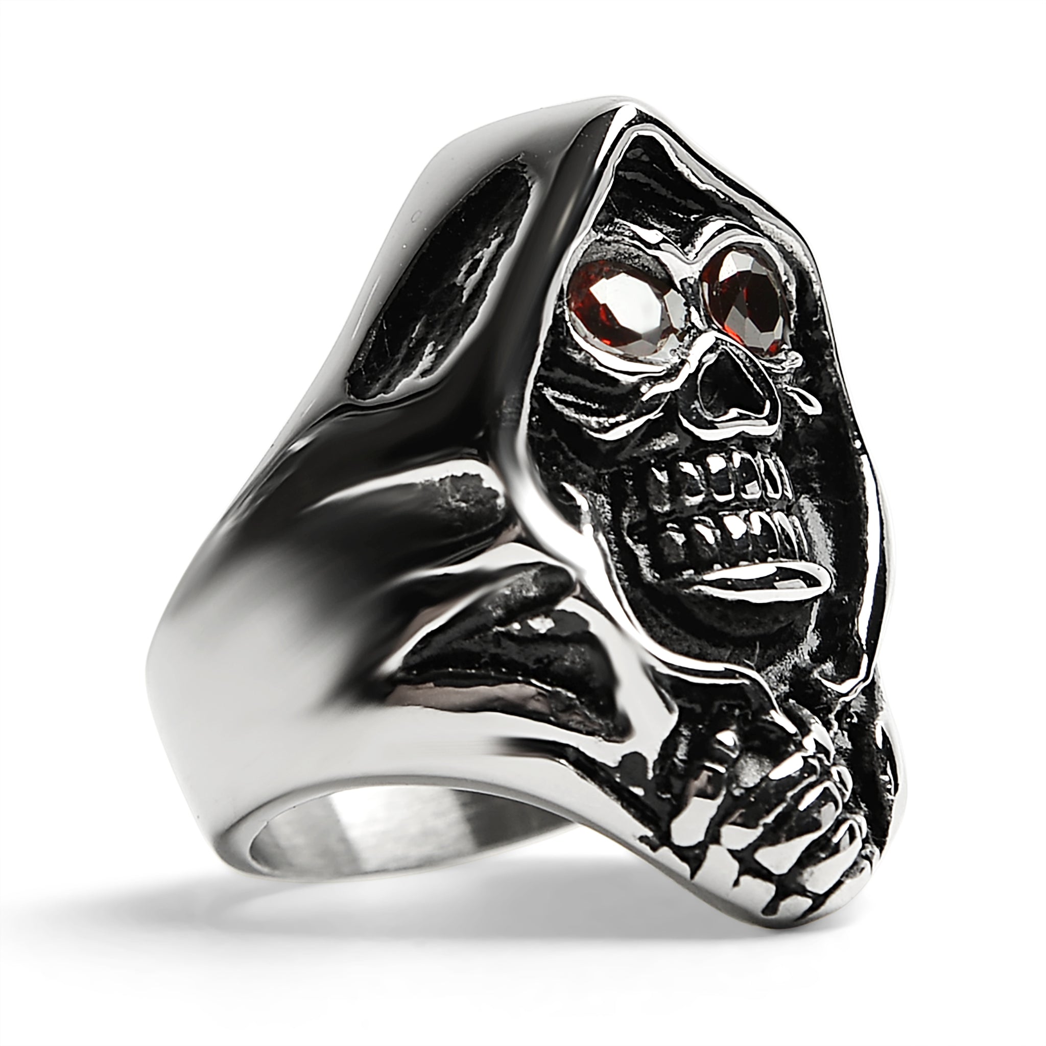 Stainless Steel Red CZ Eyed Grim Reaper Ring / SCR3054