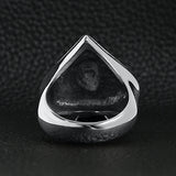 Stainless steel polished skull of spades ace ring back view on a black leather background.