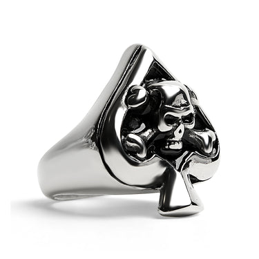 Stainless Steel Polished Skull of Spades Ace Signet Ring / SCR3070