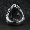 Stainless steel nude woman Goddess ring back view on a black leather background.