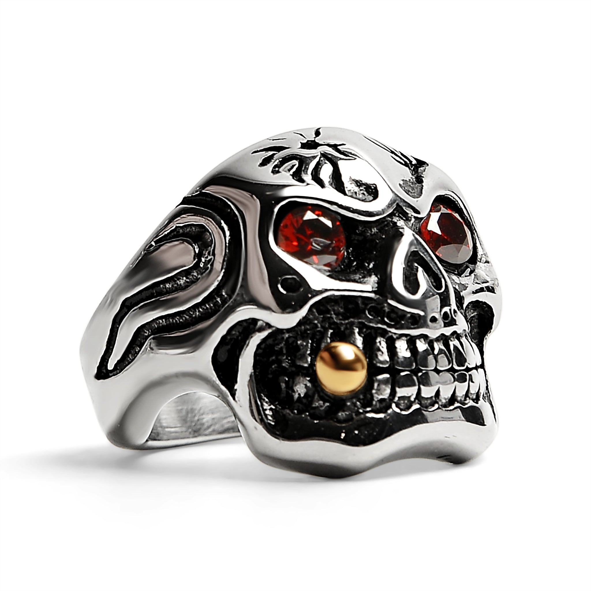 Stainless Steel Bullet Cigar Smoking Red CZ Eyed Skull Ring / SCR3074