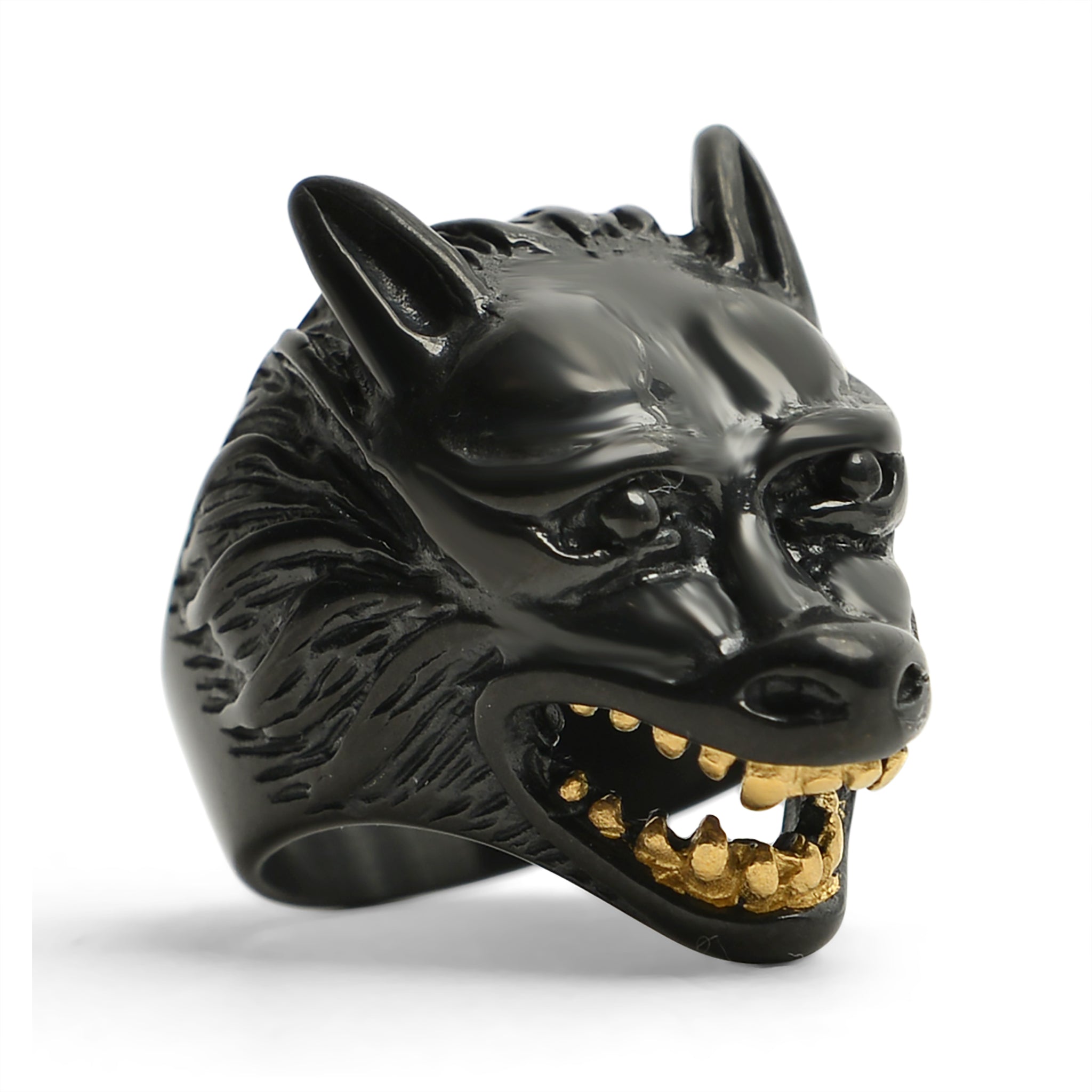 Stainless Steel Black Wolf With 18K Gold PVD Coated Teeth Ring / SCR3076