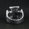 Stainless steel "13" skull Maltese Cross ring back view on a black leather background.