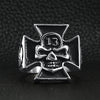 Stainless steel "13" skull Maltese Cross ring on a black leather background.