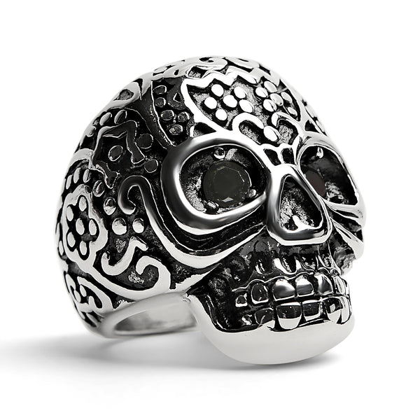 Large Detailed Skull Black CZ Eyed Stainless Steel Ring / SCR4002
