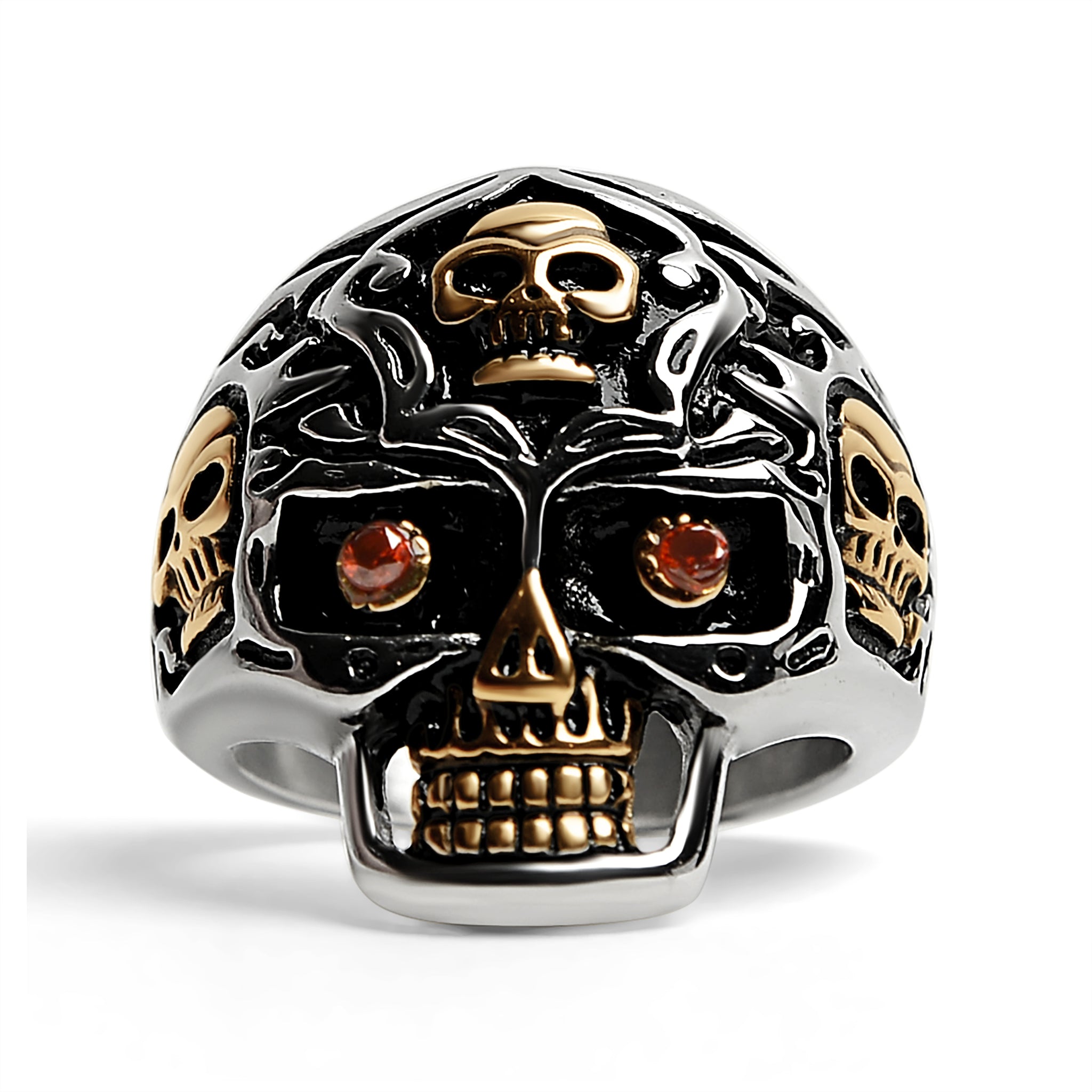 Stainless Steel 18K Gold PVD Coated Red CZ Eyed Filigree Skull Ring / SCR4003