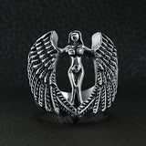 Stainless steel large nude angel ring on a black leather background.