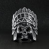 Stainless steel black Cubic Zirconia eyed Native American chief skull ring on a black leather background.