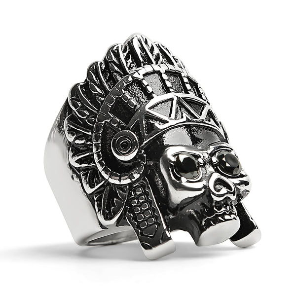 Stainless Steel Black CZ Eyed Native American Chief Skull Ring / SCR4011