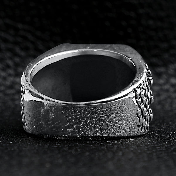 Detailed Cubed Center Black Stone Stainless Steel Ring / SCR4020