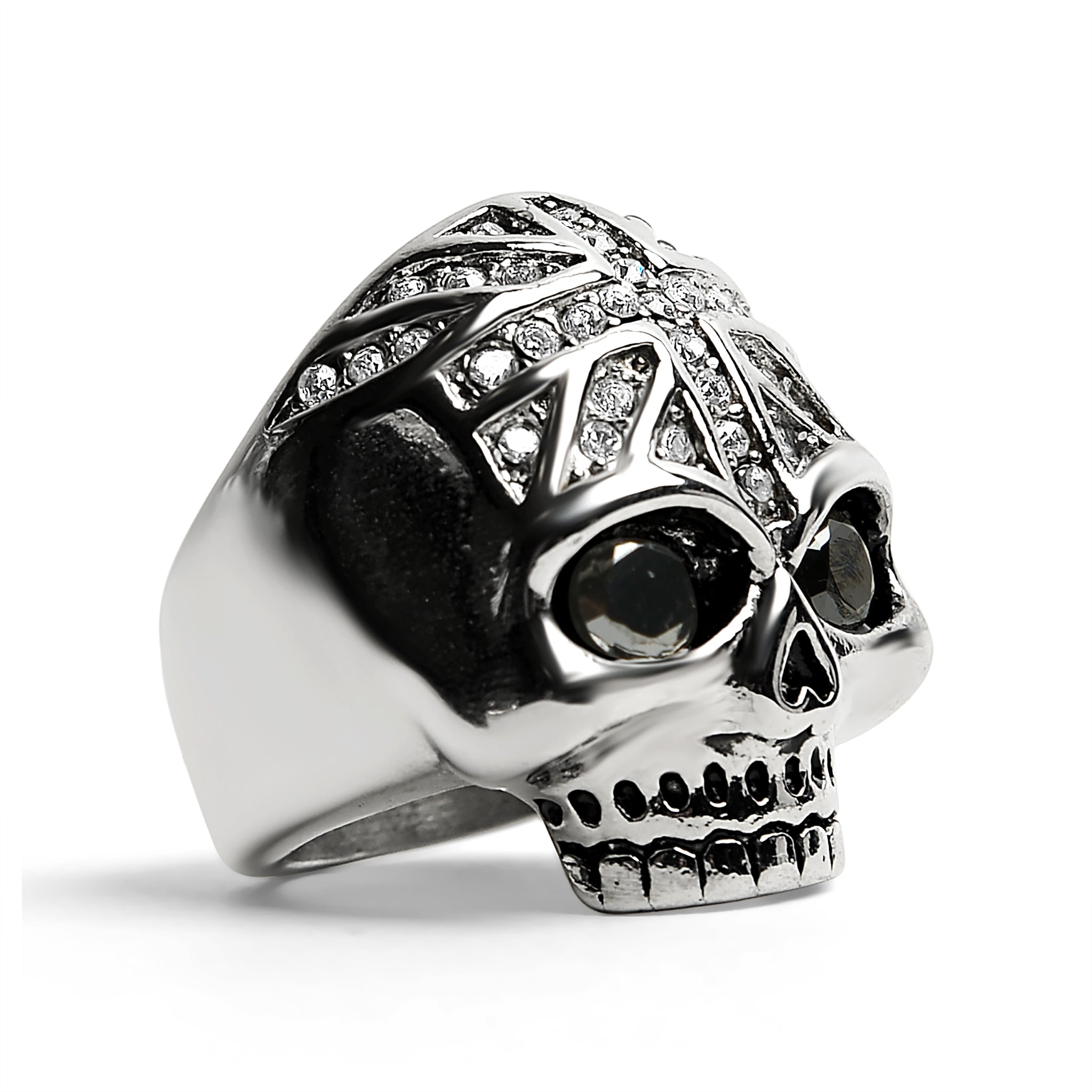 Stainless Steel Black CZ Eyed Skull With Clear CZ UK Flag Ring / SCR4022