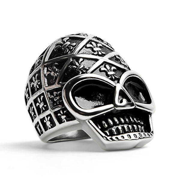 Stainless Steel Skull With Fleur De Lis Pattern Ring / SCR4023