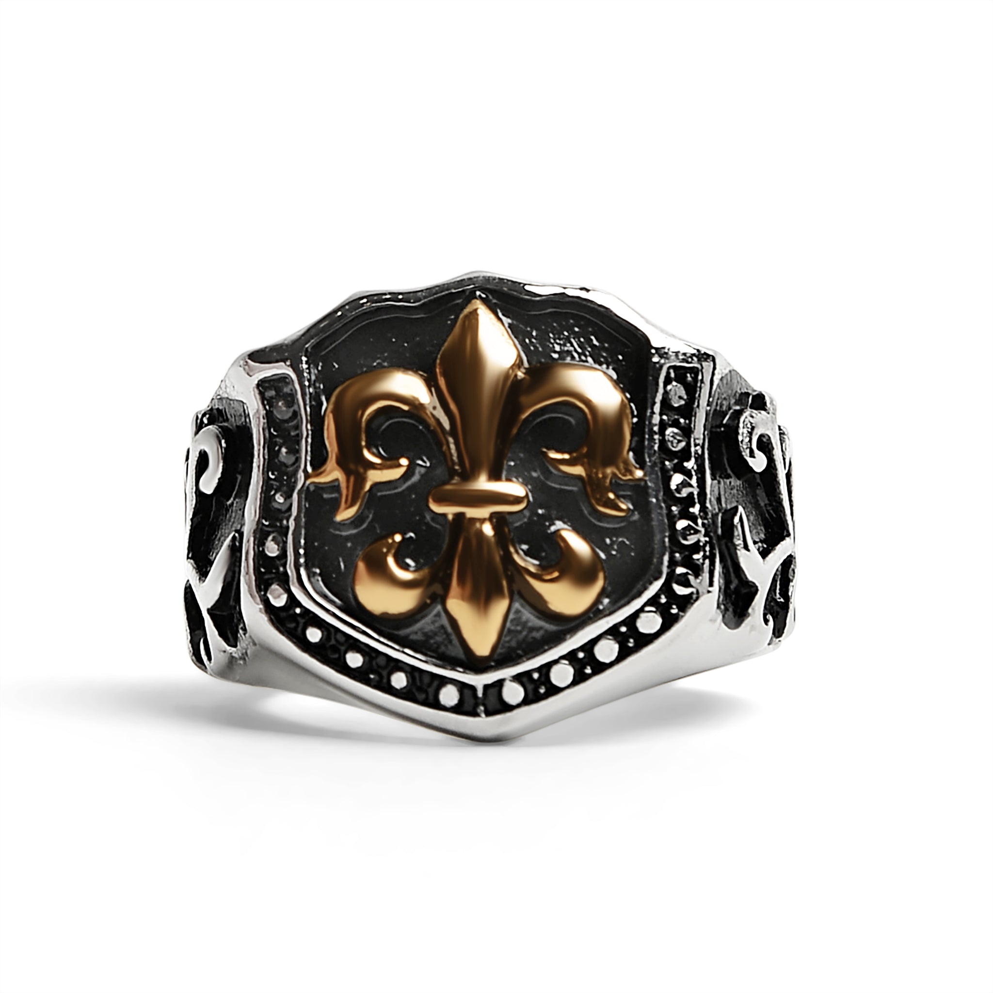 Stainless Steel 18K Gold PVD Coated Fleur De Lis Shield Signet Ring / SCR4034