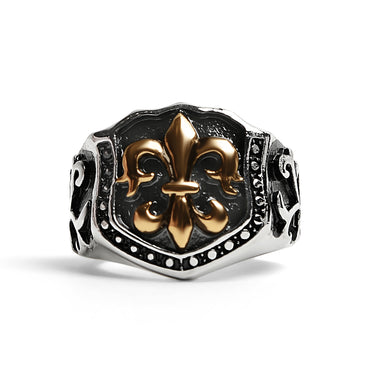 الفولاذ المقاوم للصدأ 18 كيلو الذهب PVD المطلي Fleur de Lis Shield Signet Ring / SCR4034