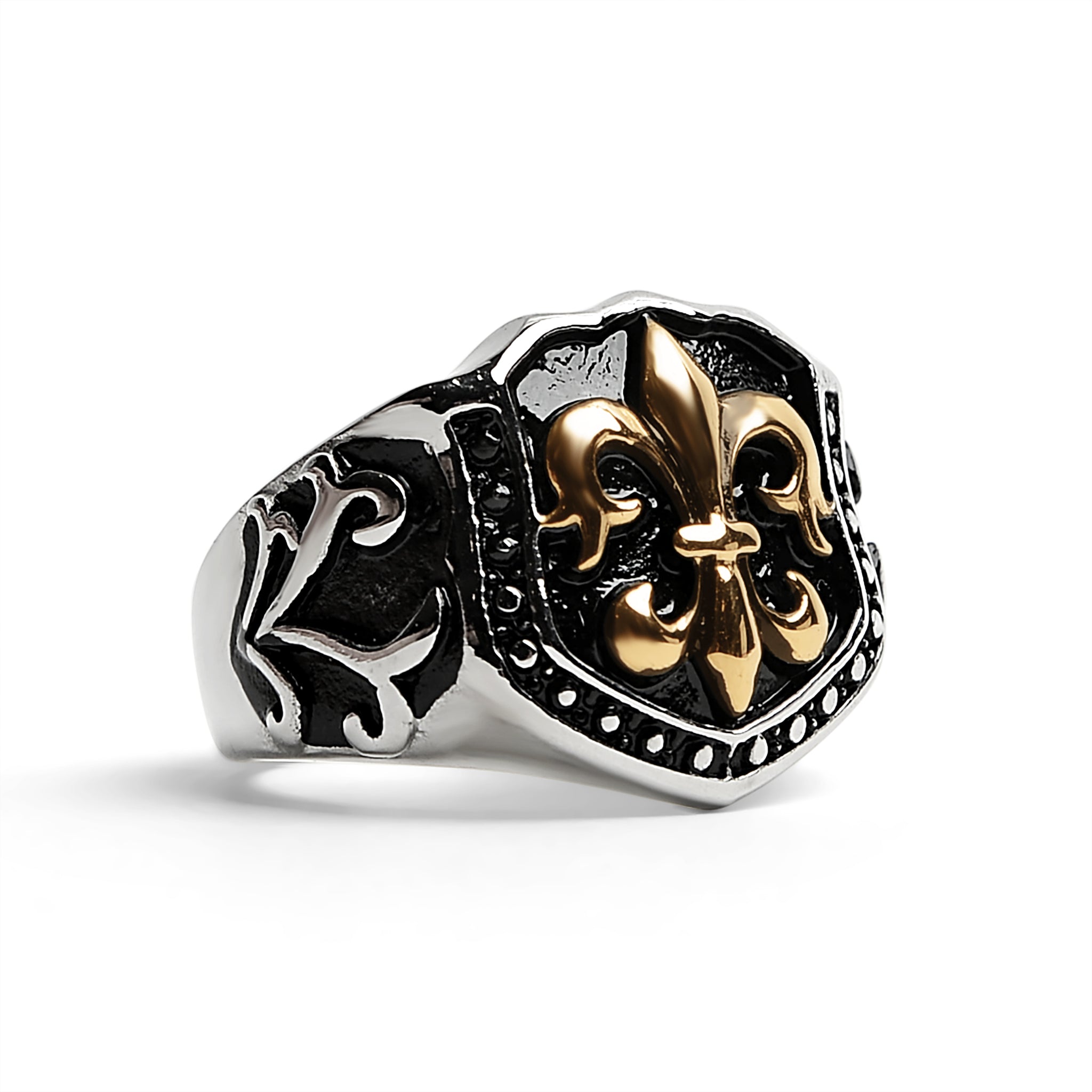Stainless Steel 18K Gold PVD Coated Fleur De Lis Shield Signet Ring / SCR4034
