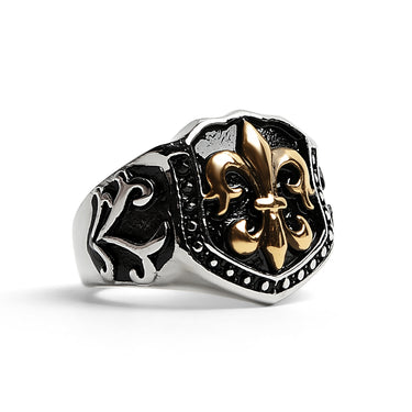 الفولاذ المقاوم للصدأ 18 كيلو الذهب PVD المطلي Fleur de Lis Shield Signet Ring / SCR4034
