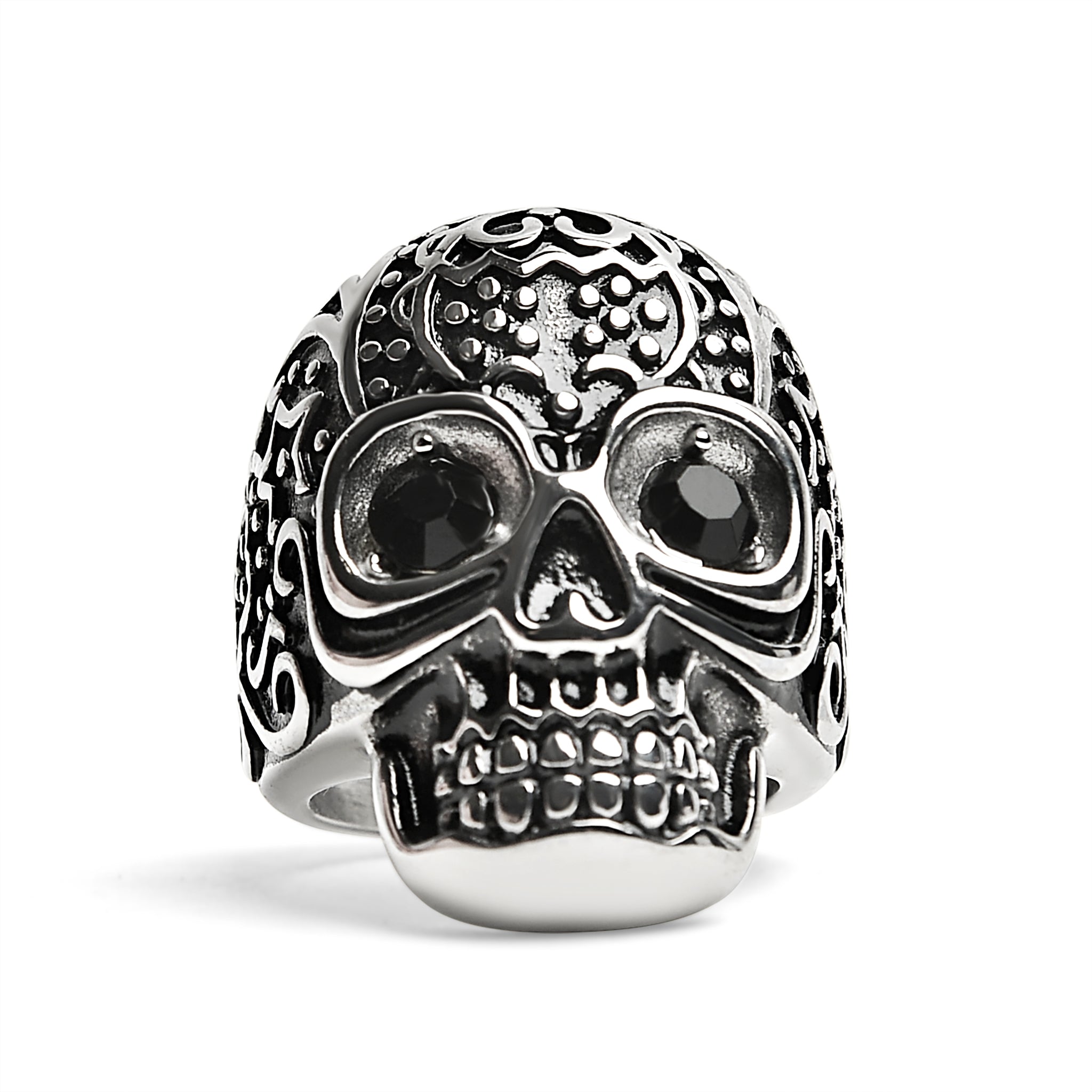 Black CZ Eyed Detailed Skull Stainless Steel Ring / SCR4045