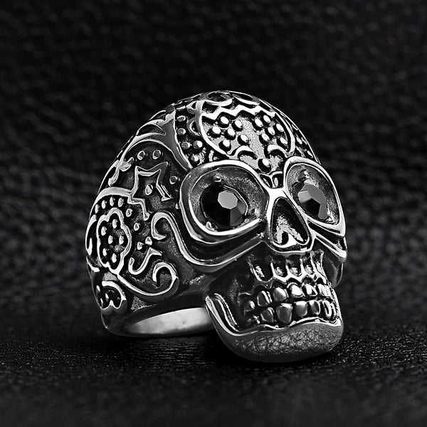 Black CZ Eyed Detailed Skull Stainless Steel Ring / SCR4045