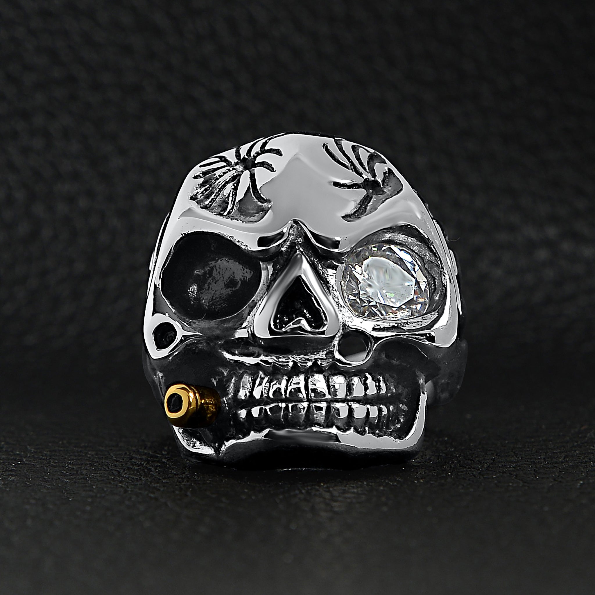 Detailed Skull Gold Cigar & Single Cz Eye Stainless Steel Ring