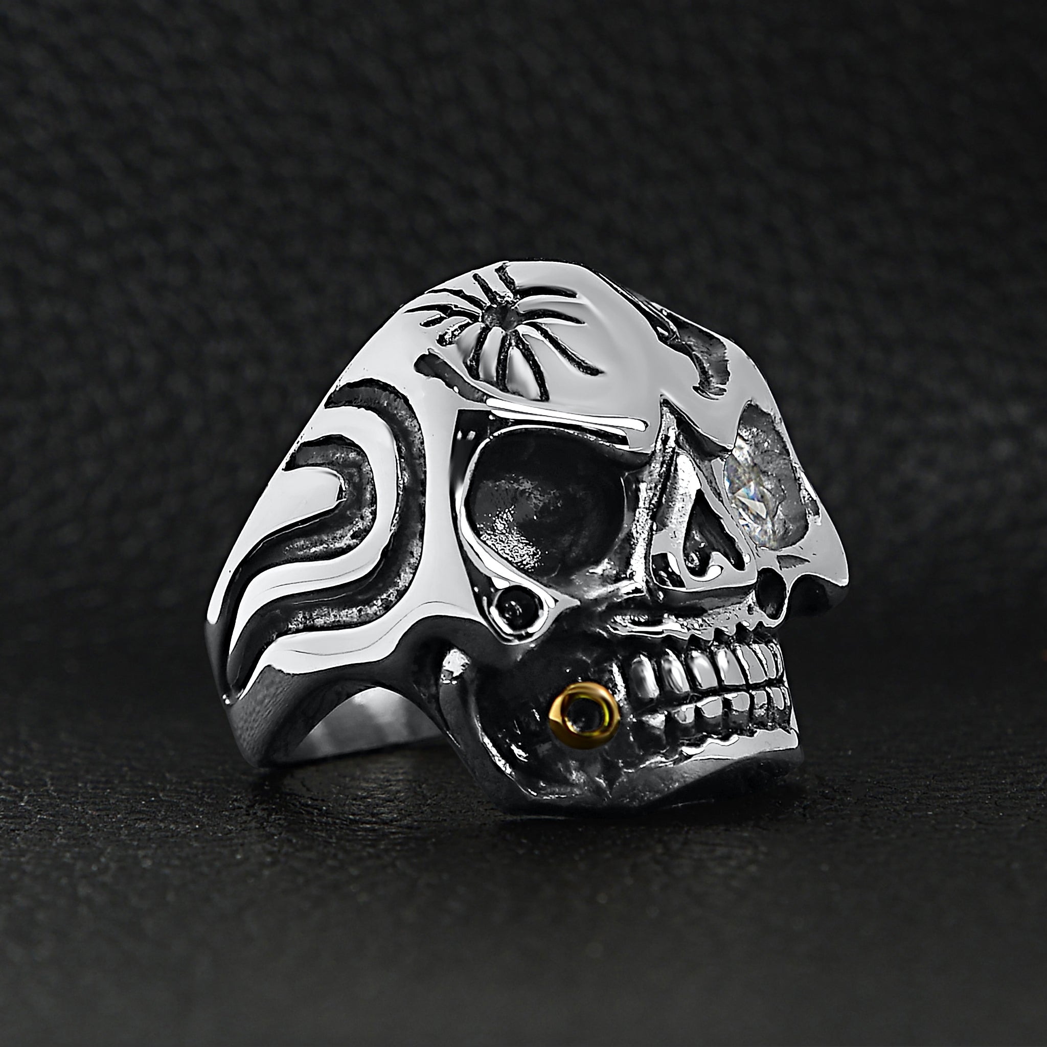 Detailed Skull Gold Cigar & Single Cz Eye Stainless Steel Ring