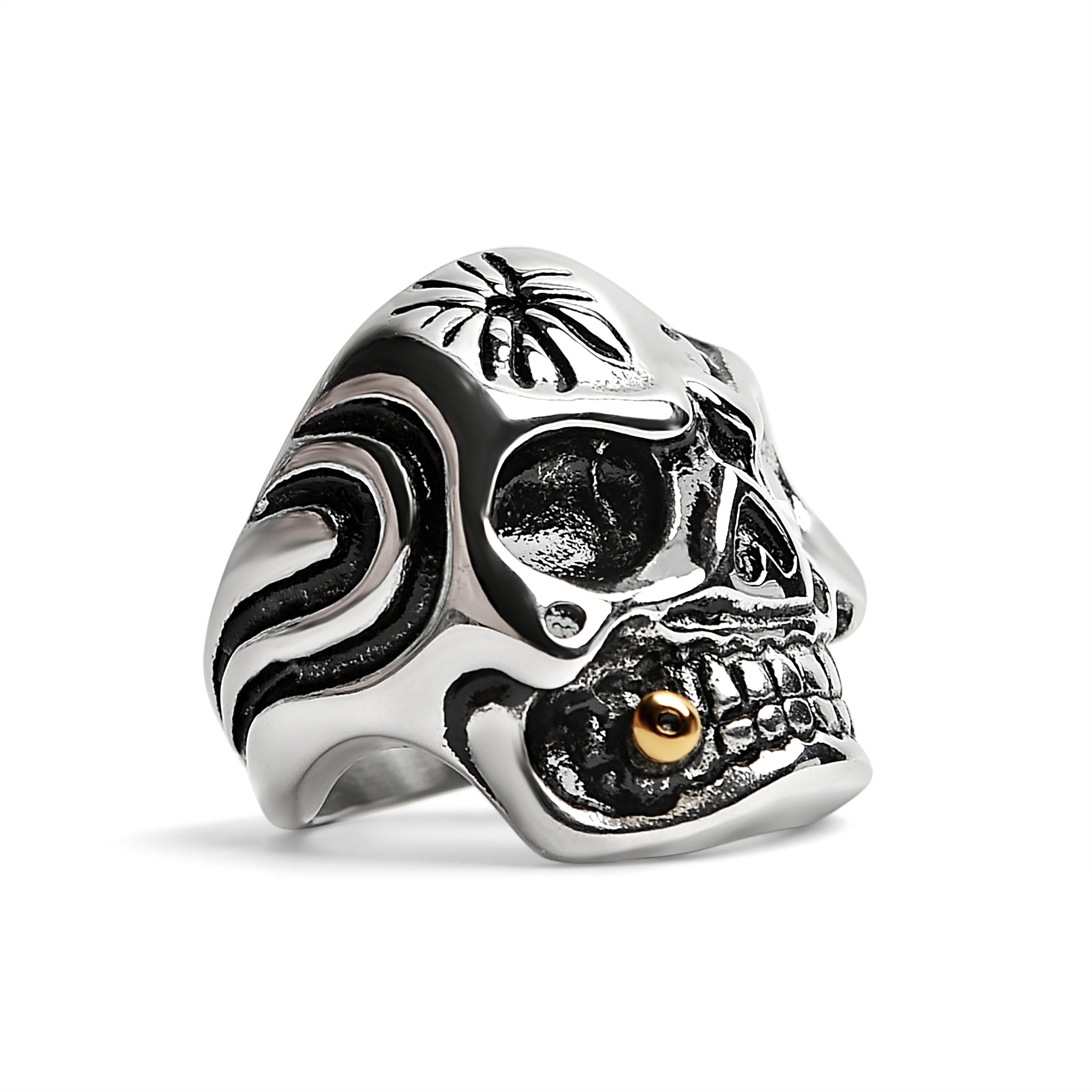 Stainless Steel Skull Smoking 18K Gold PVD Coated Cigar And Single CZ Eye Ring / SCR4047