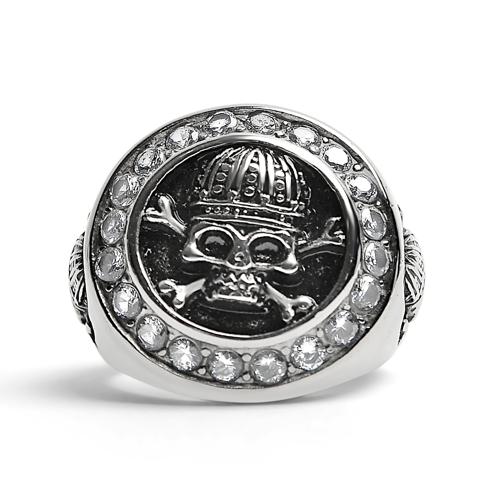 Stainless Steel King Skull And Crossbones With CZ Accent Stones Signet Ring / SCR4052