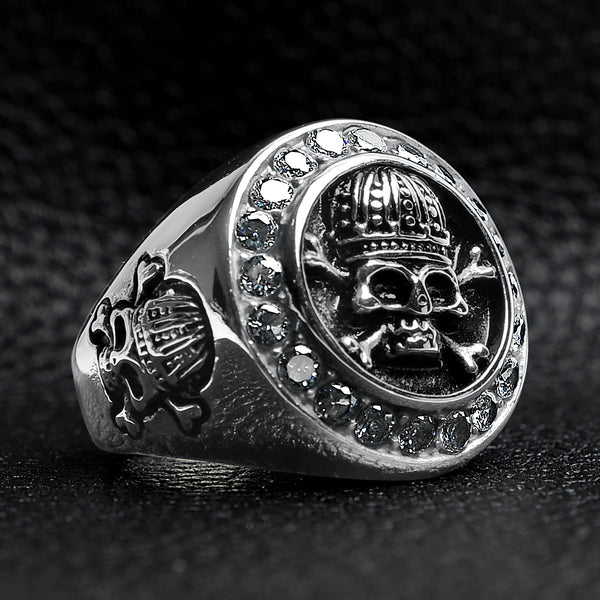 Stainless Steel King Skull And Crossbones With CZ Accent Stones Signet Ring / SCR4052