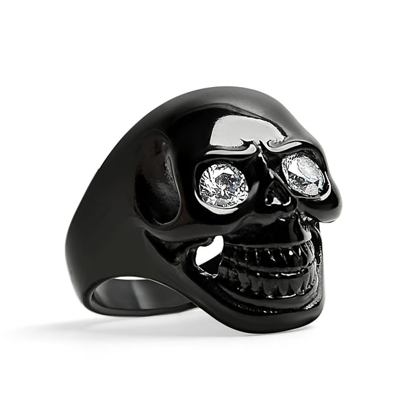 Stainless Steel Clear CZ Eyed Black Skull Ring / SCR4054