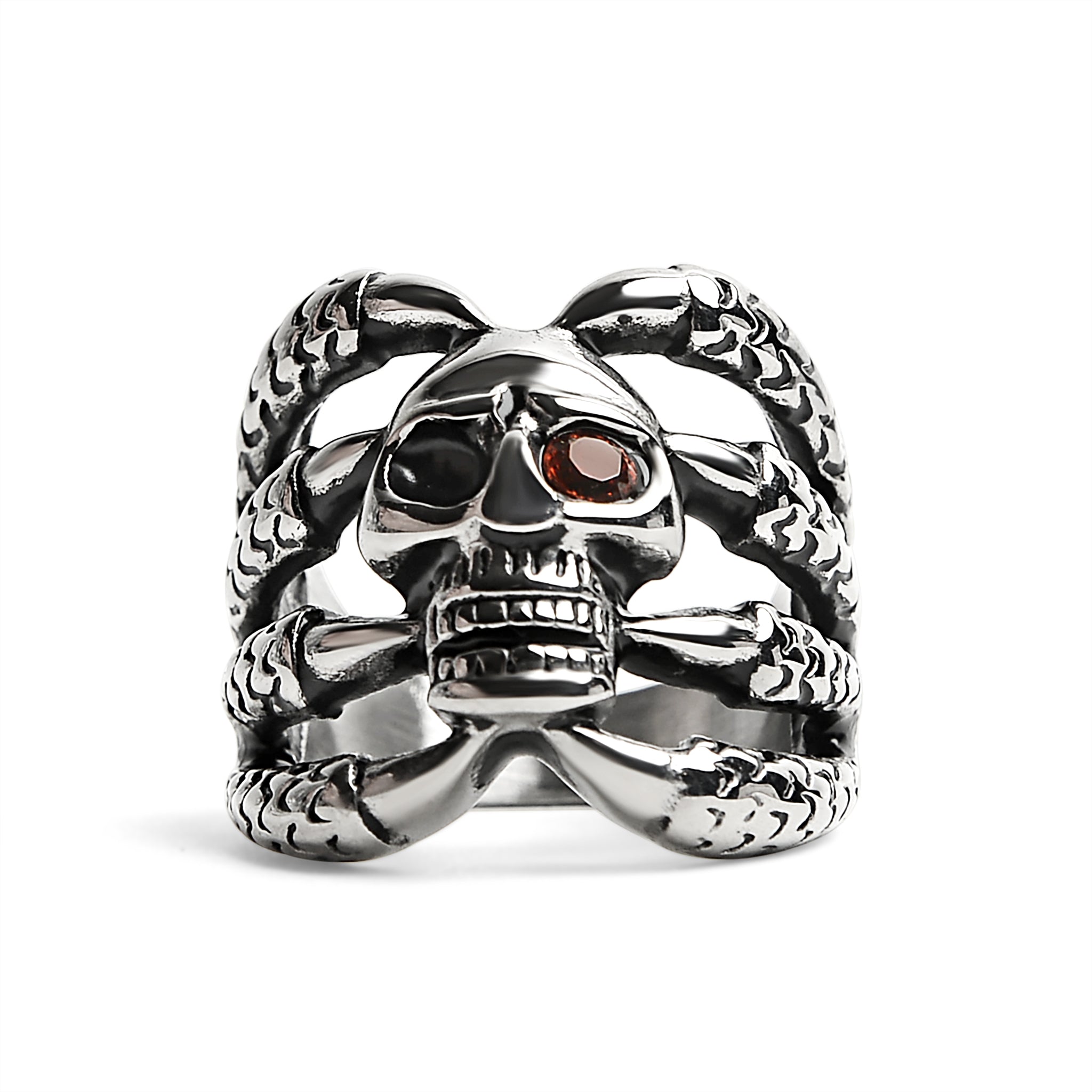 Drakklor i rostfritt stål som håller röd CZ Eyed Skull Ring / SCR4076